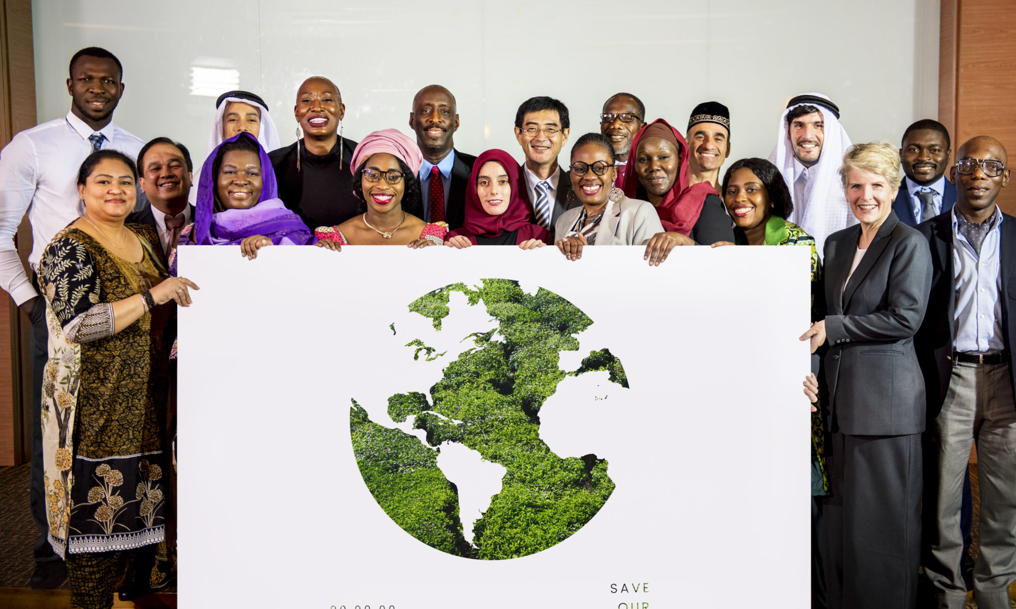 People holding network graphic overlay banner